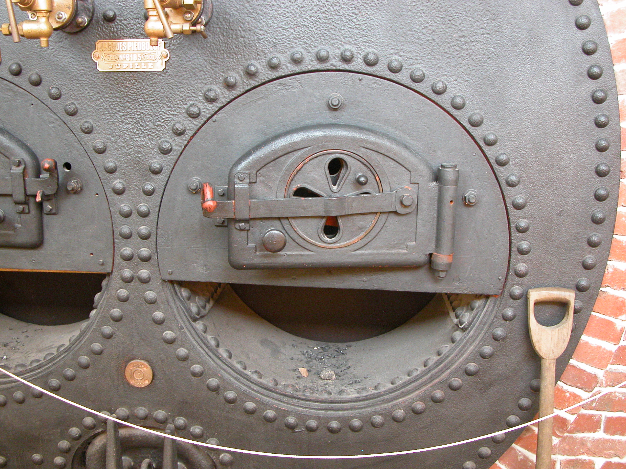 metals old oven furnace steam engine coal copper shovel door hinge rivetted hatch