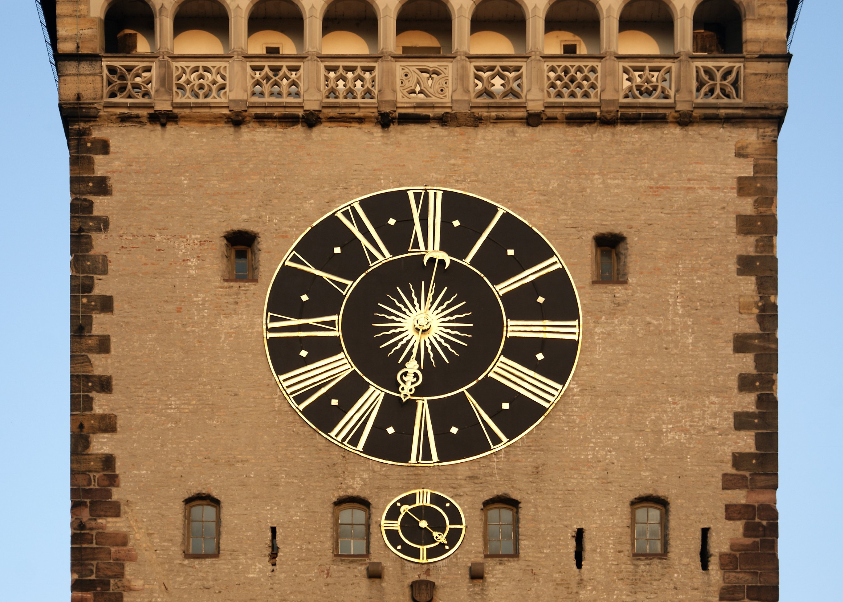 betina prague tower curch spire clock ornament hands numbers medieval golden gold black
