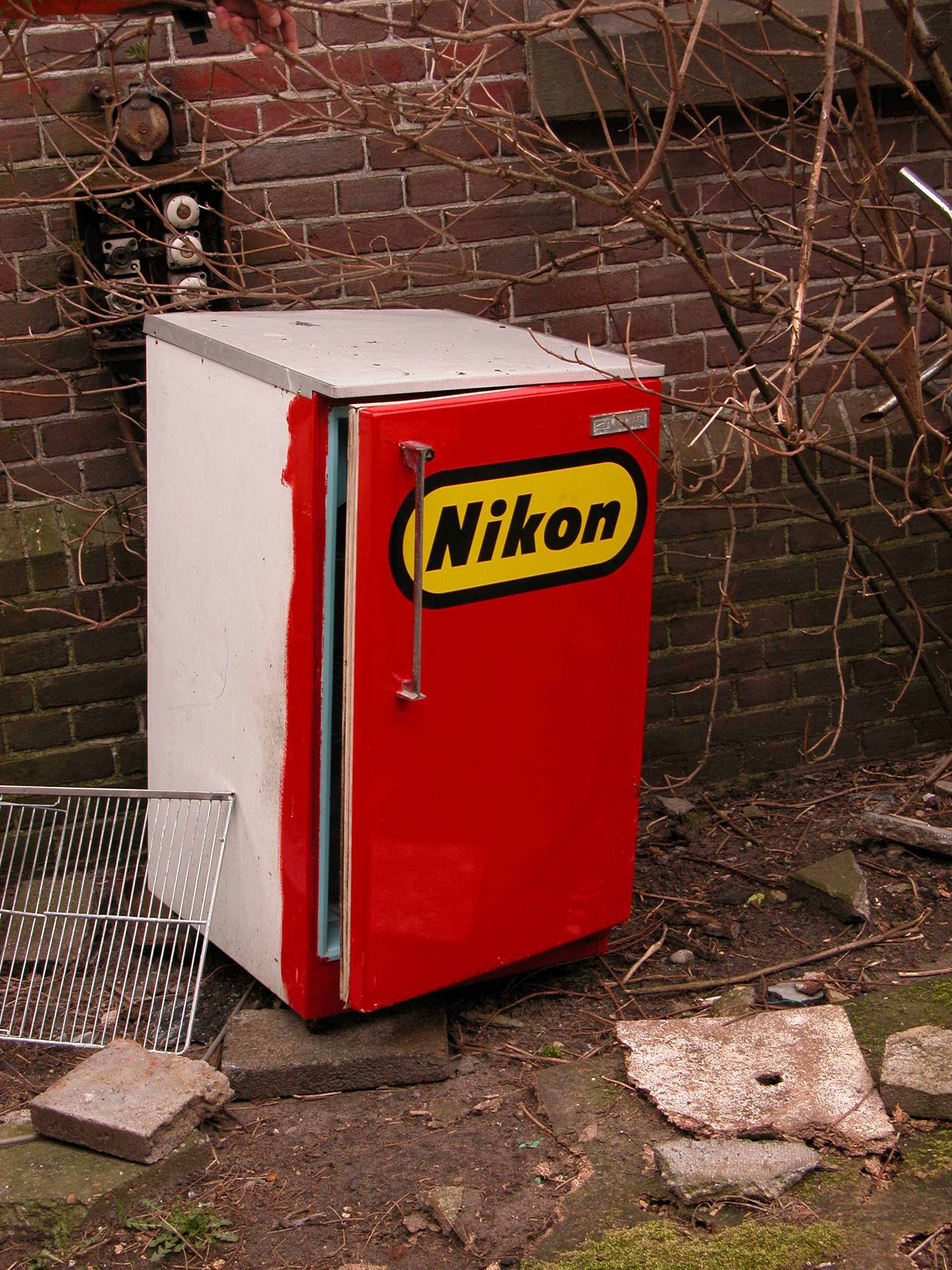 objects household fridge refridgerator nikon brand logo red