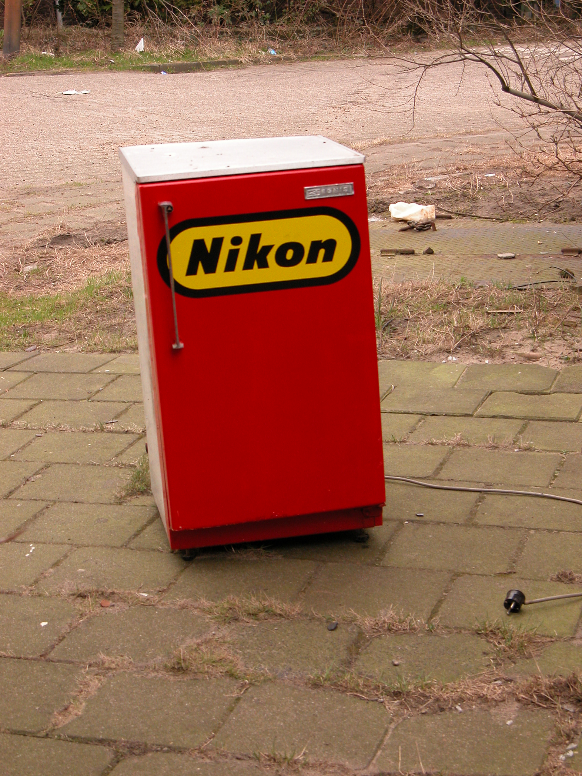 objects household fridge refridgerator nikon brand logo red rectangle