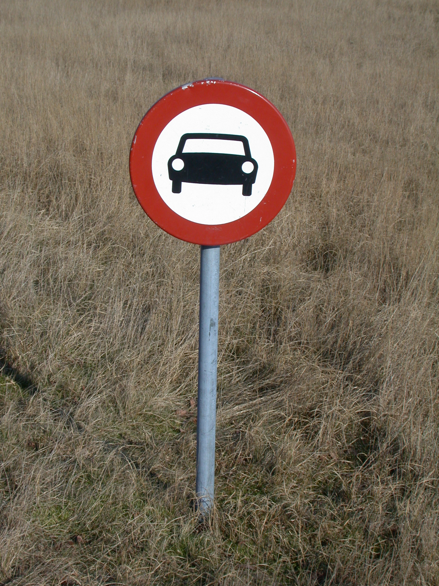 traffic sign in field pole red car