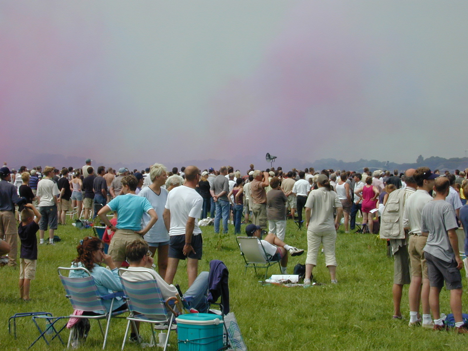 crowd people crash airshow summer backs field grass