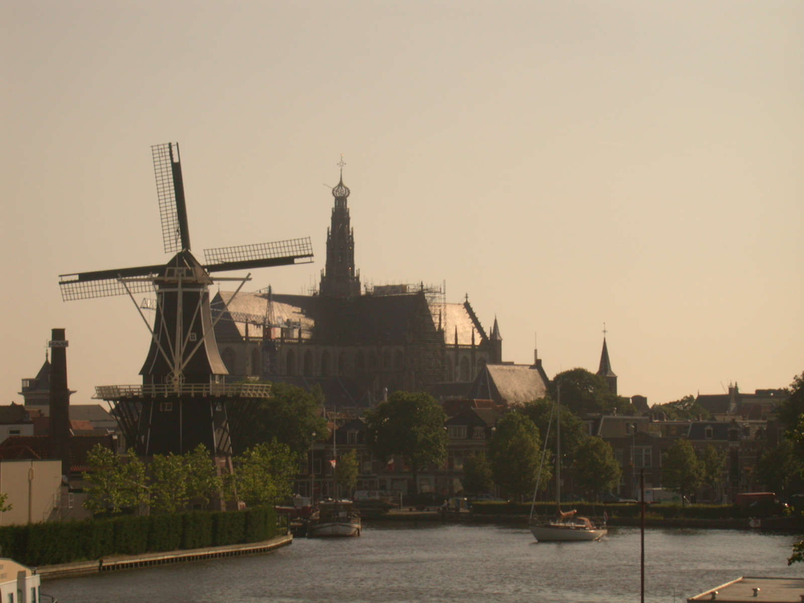 ducht city landscape church windmill mill evening canal amsterdam